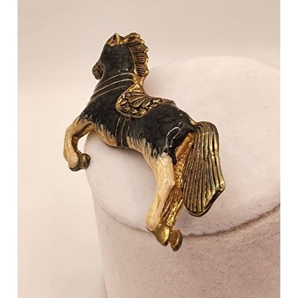 Vintage Enameled Horse Pin Brooch Gold Tone Black White 3" Jewelry Accessory - Picture 3 of 5